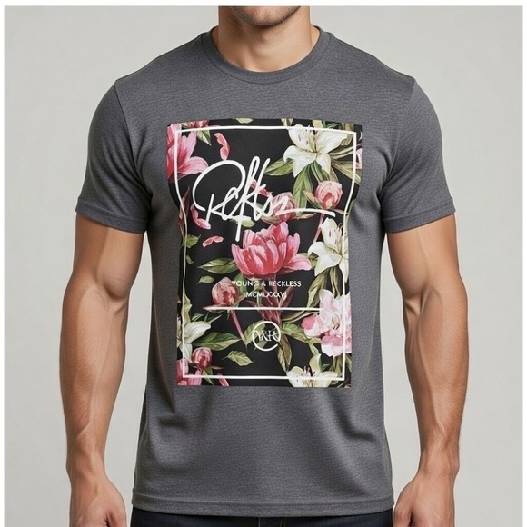 Young & Reckless Other - Young & Reckless Men's‎ Graphic T-Shirt Large Floral Print Grey Short Sleeve Tee